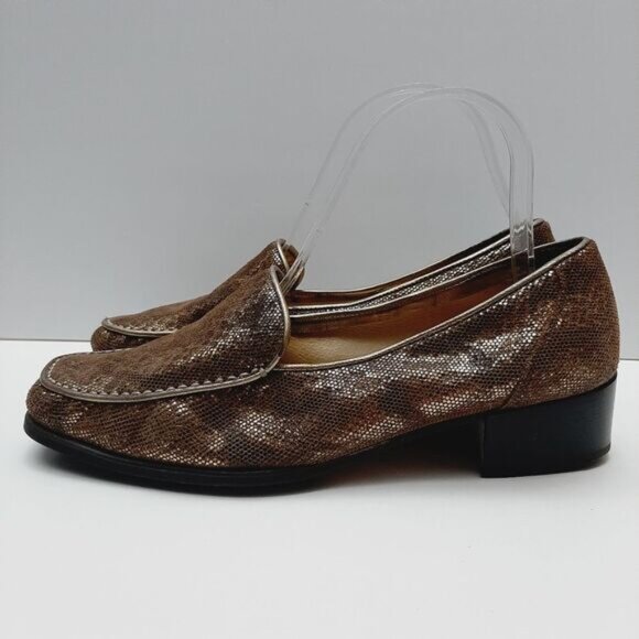 AMALFI Snake Pattern Square Toe Penny Loafer Chunky Block Heels Tan Gold Sz 7.5 - Picture 8 of 12
